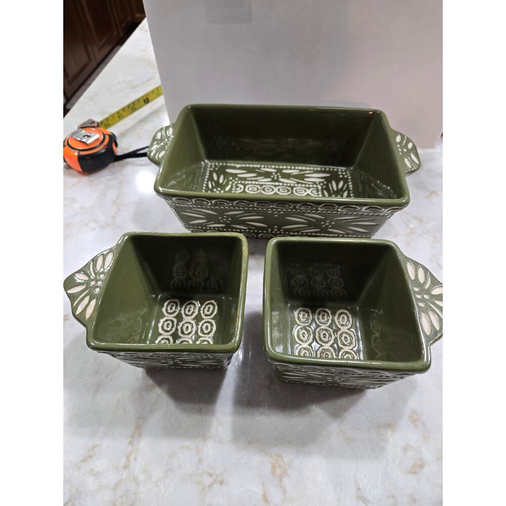 Temp Tations 3 Piece Casserole Dish Old World Green Carved Floral Design